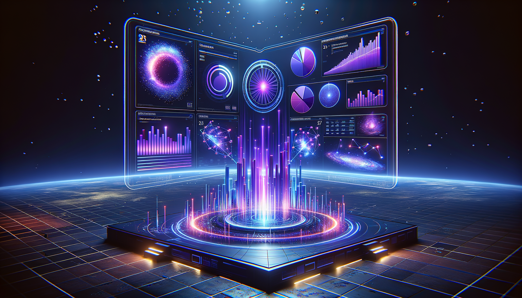Futuristic data visualization dashboard with glowing holographic charts in purple and blue